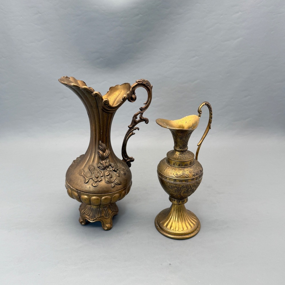 Lot 2 Vtg Italian Brass Mini Pitcher Ewer Footed Ornate Decorative Italy 8